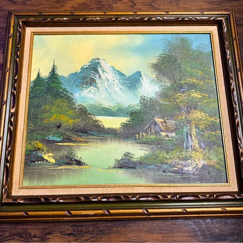 Vintage Oil Canvas Painting Mountain Cabin Antique Framed Signed Cicero 24 X 20
